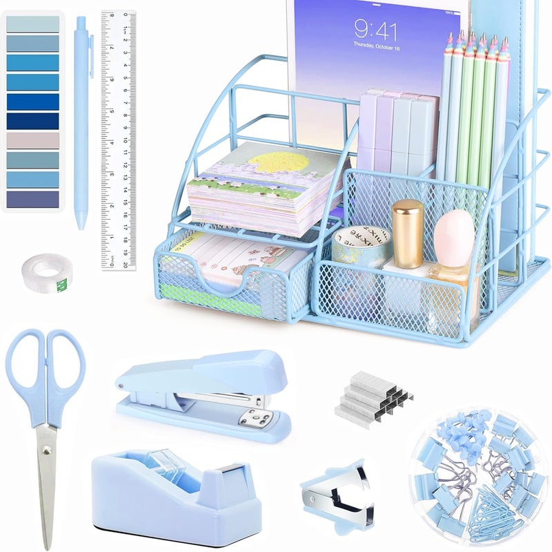 Scindaly Blue Office Desk Accessories Supplies, 10pcs Desk Organizers and Accessories with Tape Dispenser and Stapler,Staples,Scissor,Ruler,Sticky Tabs,Tape,Ballpoint Pen,Clips Set - Image 1